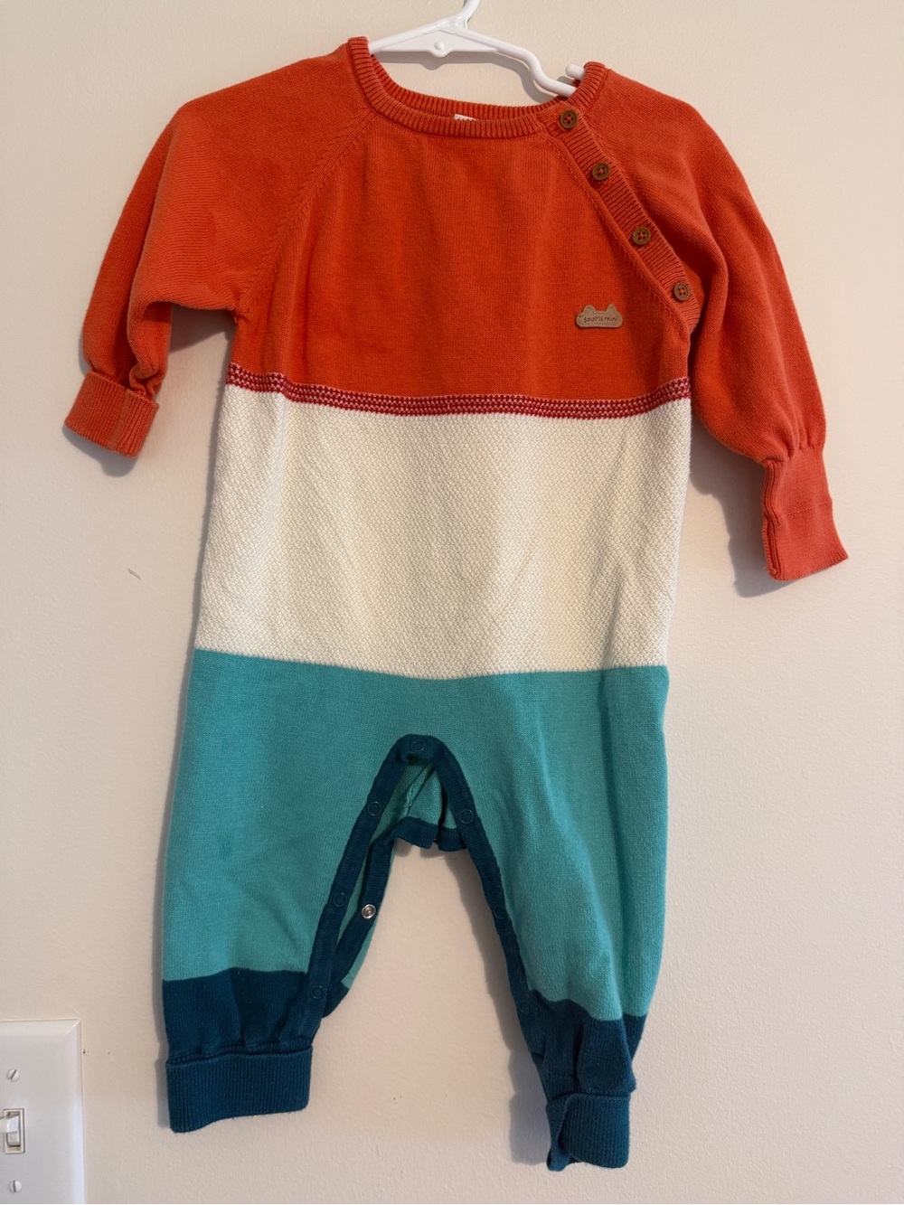 SOURIS MINI 9M-12M Colorblock Knit Baby Bodysuit in Orange, White & Teal